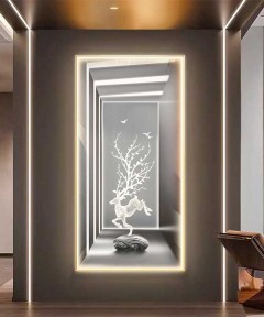 Ghazzele Grey And White Crystall Painting With Led Light Gold Frame